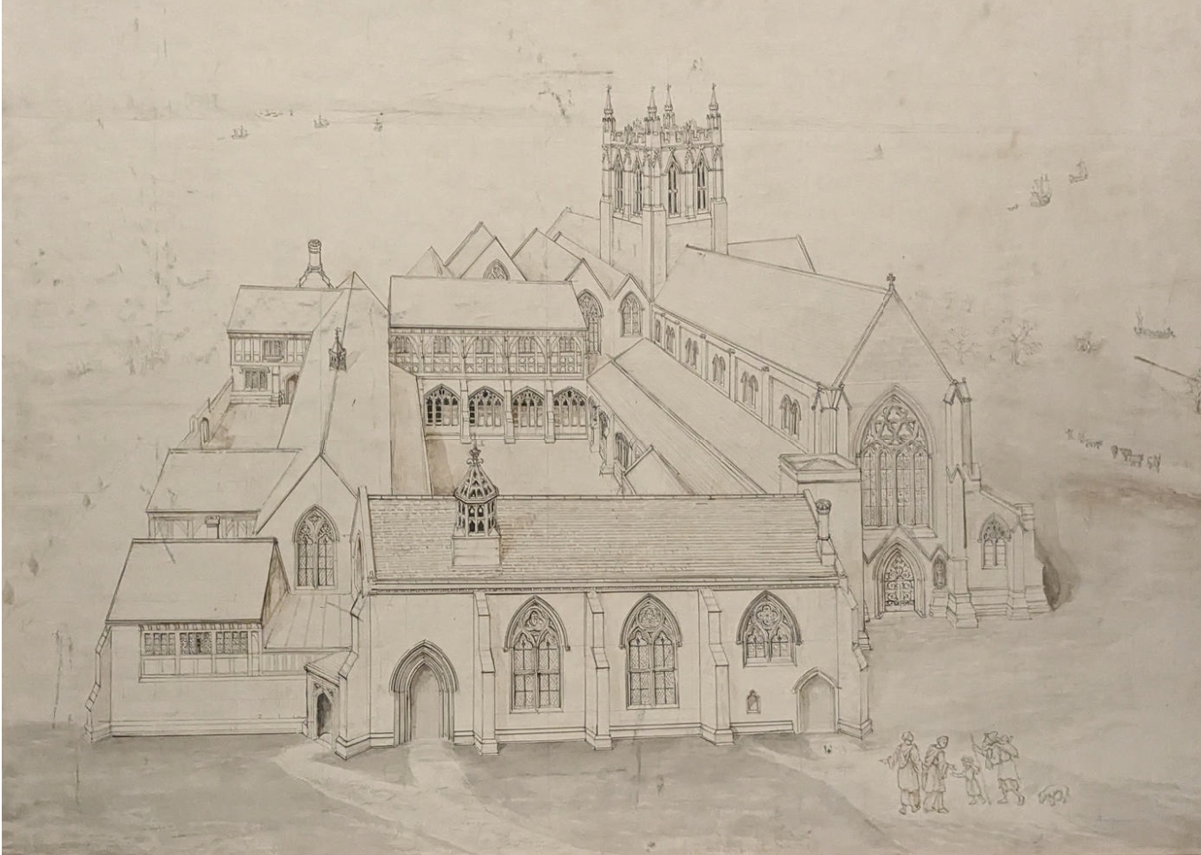 Drawing of an imagined Birkenhead Priory site if it were fully restored/ what it would have looked like.