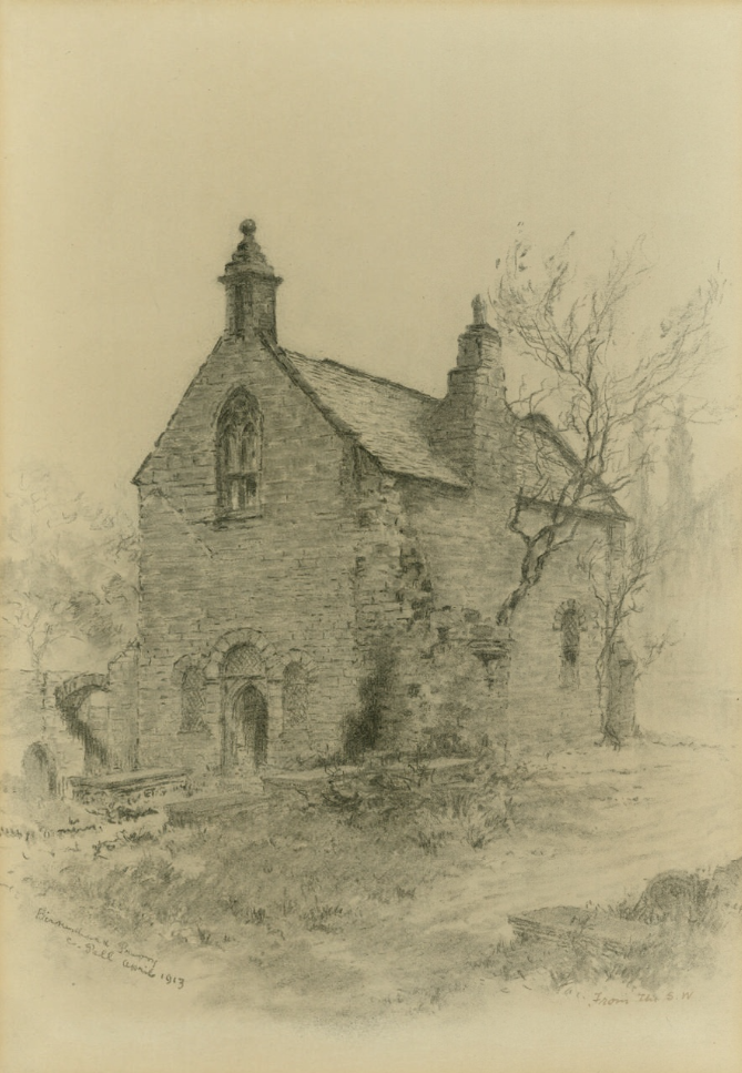 drawing of the Chapter House on its own with trees & foliage around it
